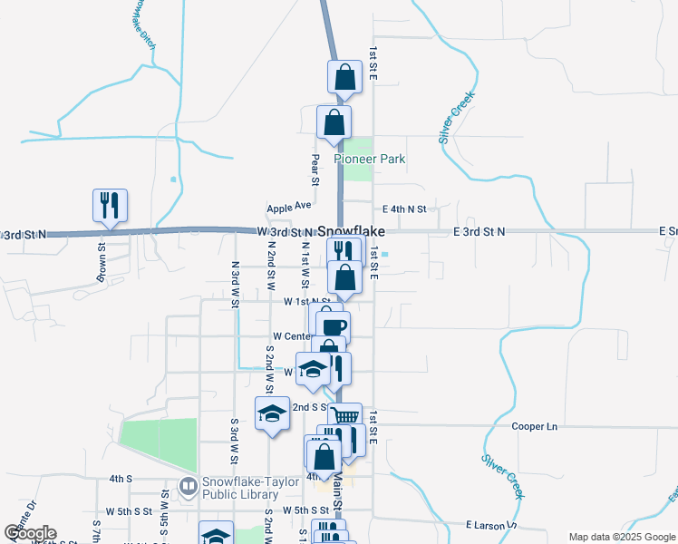 map of restaurants, bars, coffee shops, grocery stores, and more near 123 Main Street in Snowflake