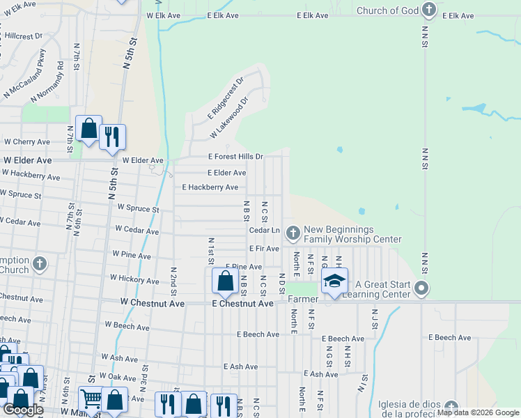 map of restaurants, bars, coffee shops, grocery stores, and more near 918 North B Street in Duncan