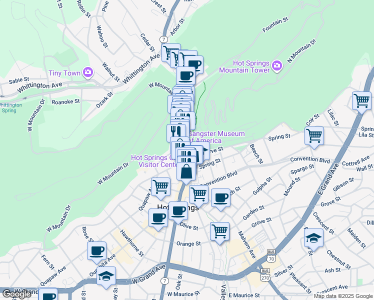 map of restaurants, bars, coffee shops, grocery stores, and more near 369 Central Avenue in Hot Springs