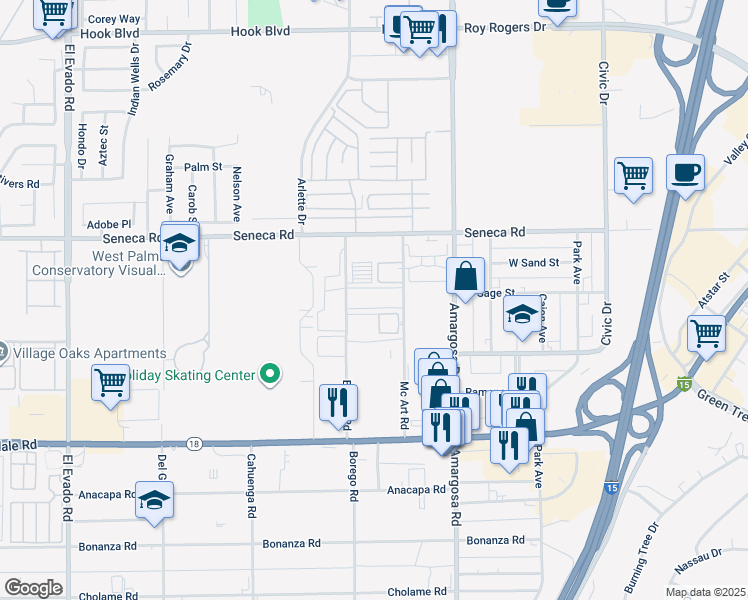 map of restaurants, bars, coffee shops, grocery stores, and more near 14376 Mcart Road in Victorville
