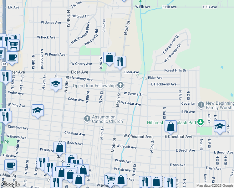 map of restaurants, bars, coffee shops, grocery stores, and more near 915 North 5th Street in Duncan