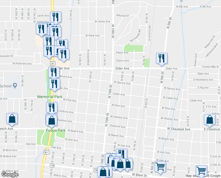 map of restaurants, bars, coffee shops, grocery stores, and more near 836 North 10th Street in Duncan