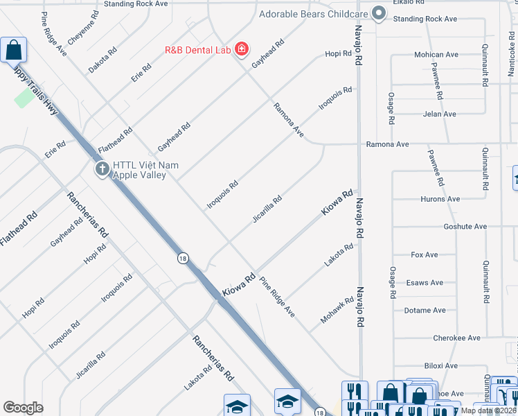 map of restaurants, bars, coffee shops, grocery stores, and more near 14300 Jicarilla Road in Apple Valley
