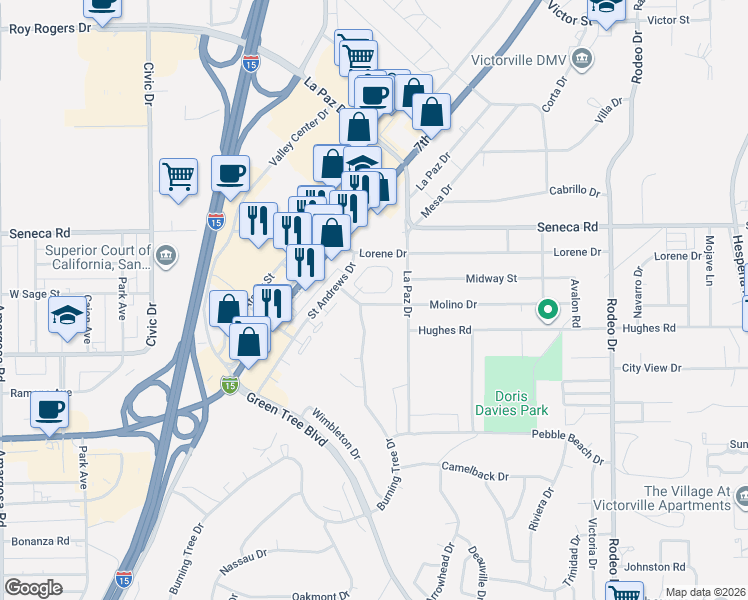map of restaurants, bars, coffee shops, grocery stores, and more near 16082 Molino Drive in Victorville