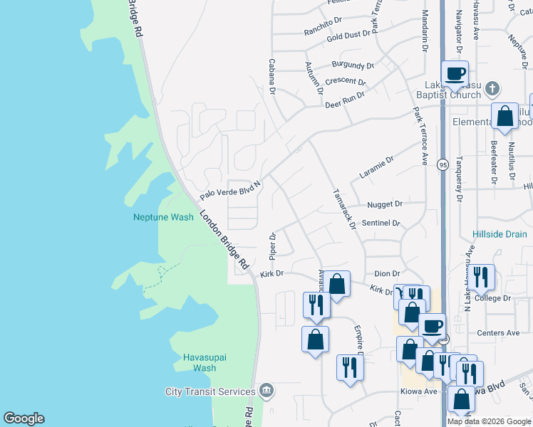 map of restaurants, bars, coffee shops, grocery stores, and more near 1409 Electra Bay in Lake Havasu City