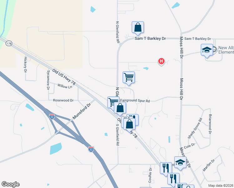 map of restaurants, bars, coffee shops, grocery stores, and more near 112 North Glenfield Road in New Albany