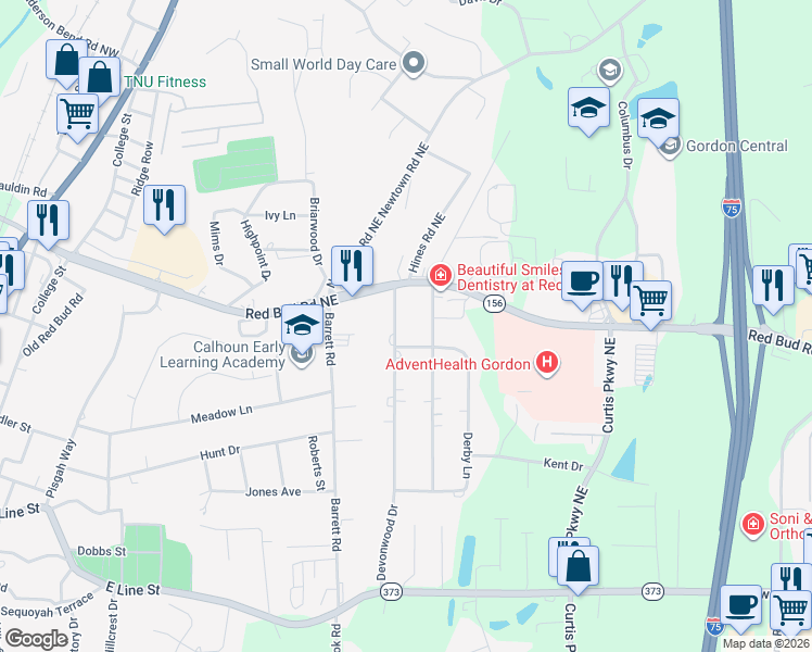 map of restaurants, bars, coffee shops, grocery stores, and more near 105 Devonwood Drive in Calhoun