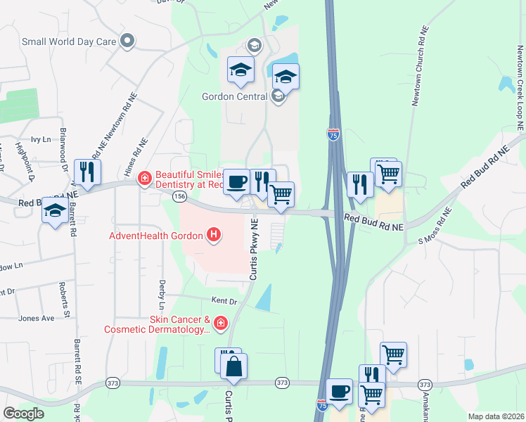 map of restaurants, bars, coffee shops, grocery stores, and more near 980 Red Bud Road Northeast in Calhoun