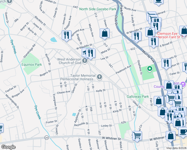 map of restaurants, bars, coffee shops, grocery stores, and more near 196 Poppy Lane in Anderson