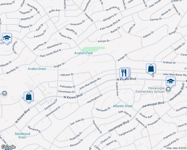 map of restaurants, bars, coffee shops, grocery stores, and more near 2557 Palisades Drive in Lake Havasu City
