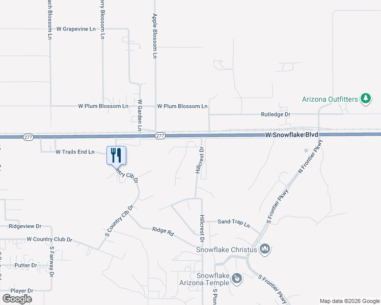 map of restaurants, bars, coffee shops, grocery stores, and more near 208 Hillcrest Drive in Snowflake