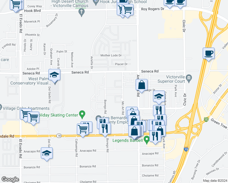 map of restaurants, bars, coffee shops, grocery stores, and more near 14376 Mcart Road in Victorville