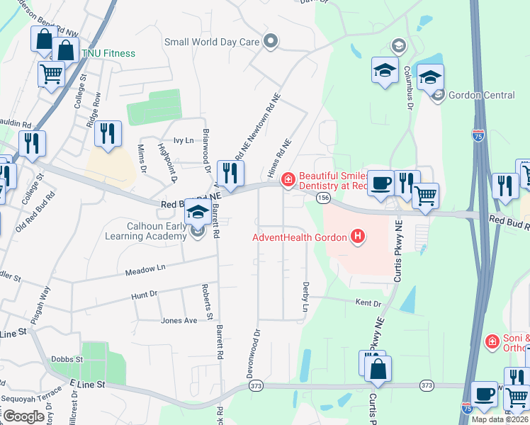 map of restaurants, bars, coffee shops, grocery stores, and more near 105 Devonwood Drive in Calhoun