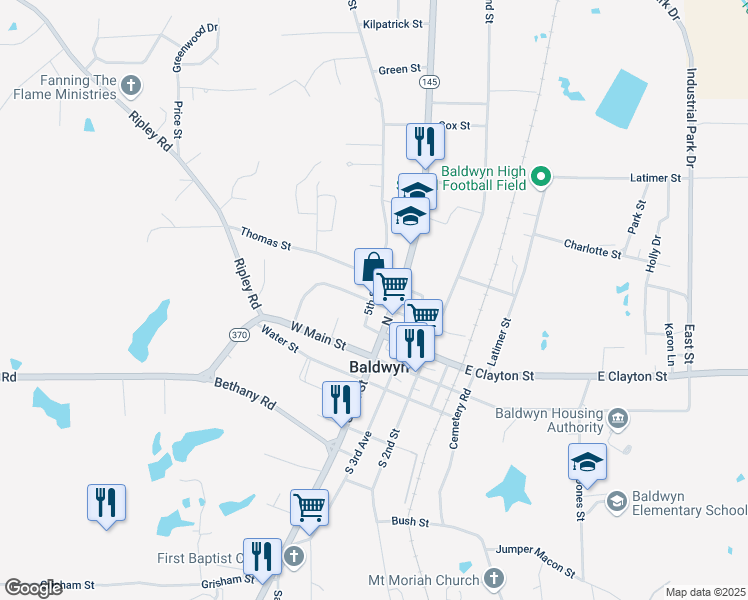 map of restaurants, bars, coffee shops, grocery stores, and more near 306 5th Street in Baldwyn