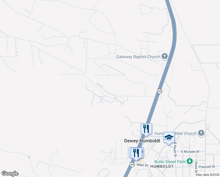map of restaurants, bars, coffee shops, grocery stores, and more near 12496 East Orange Rock Road in Dewey-Humboldt