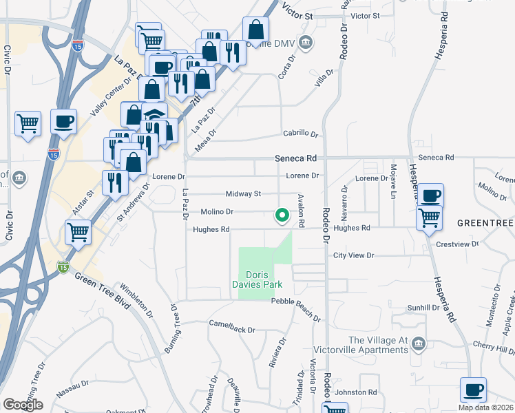 map of restaurants, bars, coffee shops, grocery stores, and more near 16312 Molino Drive in Victorville