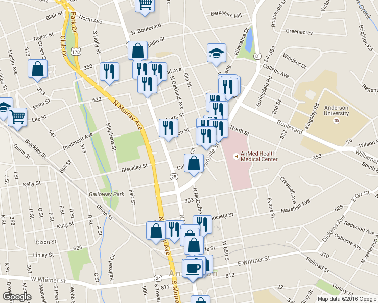 map of restaurants, bars, coffee shops, grocery stores, and more near 924 619 in Anderson