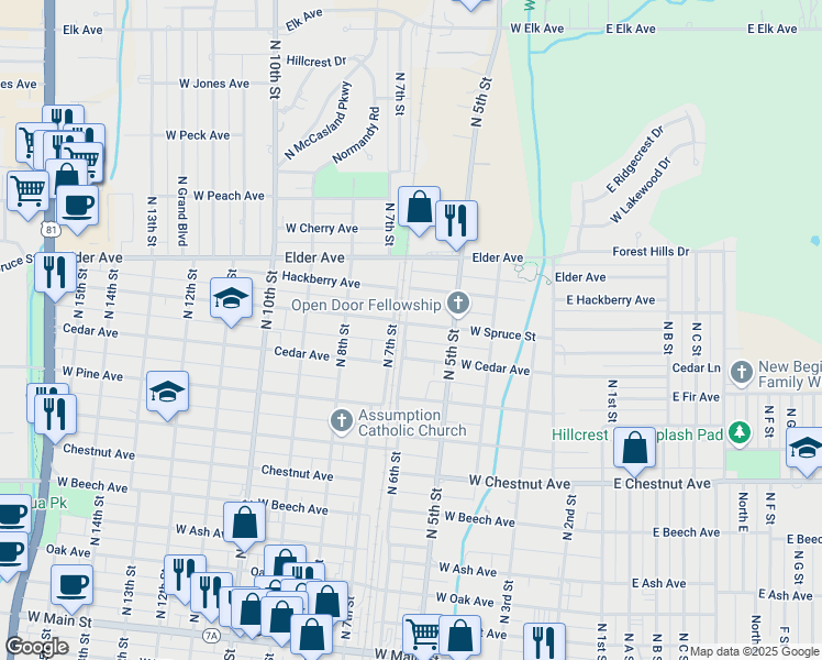 map of restaurants, bars, coffee shops, grocery stores, and more near 918 North 6th Street in Duncan