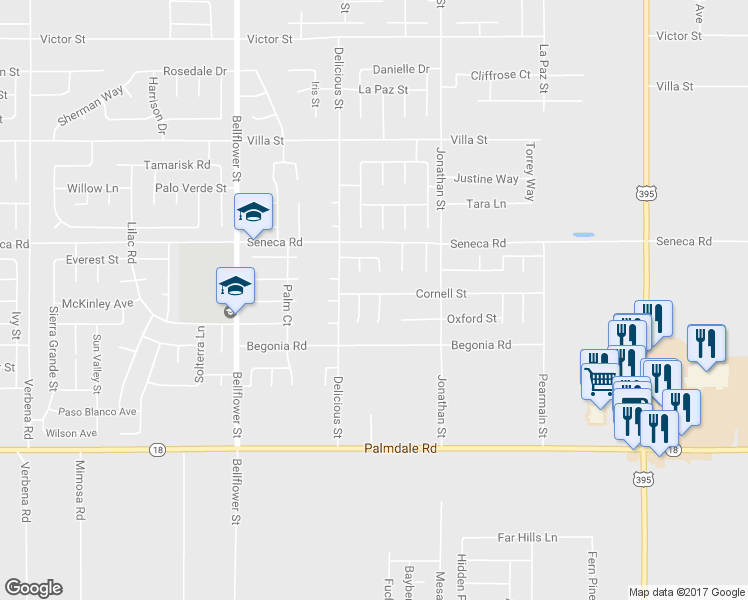 map of restaurants, bars, coffee shops, grocery stores, and more near 14386 Brittlebush Drive in Adelanto