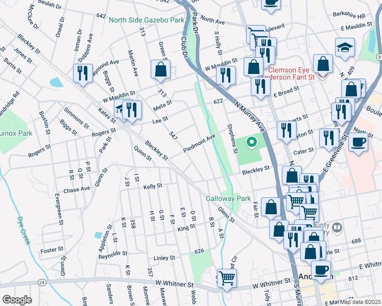 map of restaurants, bars, coffee shops, grocery stores, and more near 1106 West End Avenue in Anderson
