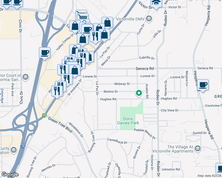 map of restaurants, bars, coffee shops, grocery stores, and more near 16192 Molino Drive in Victorville