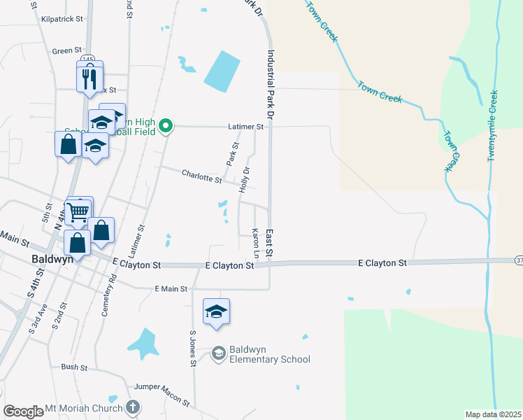 map of restaurants, bars, coffee shops, grocery stores, and more near 513 Karon Lane in Baldwyn