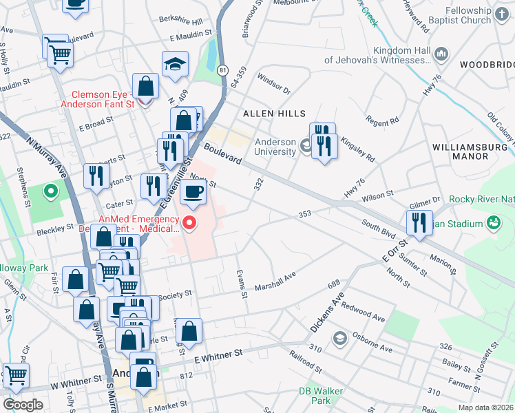 map of restaurants, bars, coffee shops, grocery stores, and more near 417 North Street in Anderson