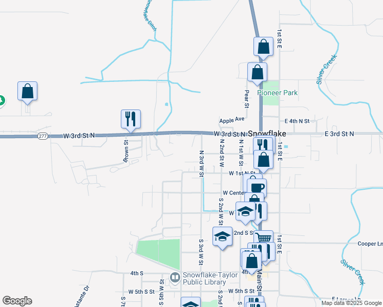 map of restaurants, bars, coffee shops, grocery stores, and more near 196 North 3rd West Street in Snowflake