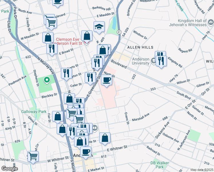 map of restaurants, bars, coffee shops, grocery stores, and more near 800 North Fant Street in Anderson