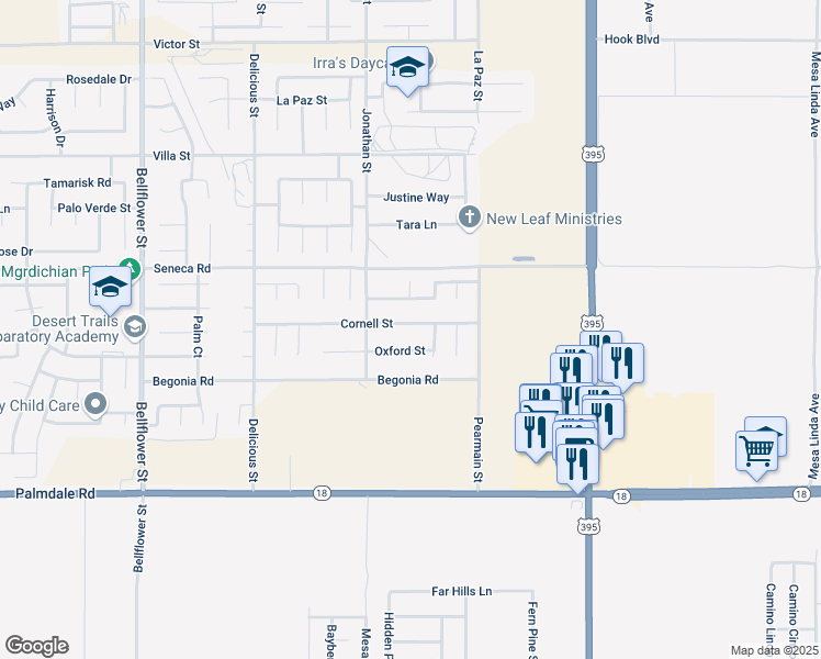 map of restaurants, bars, coffee shops, grocery stores, and more near 11777 Cornell St in Adelanto