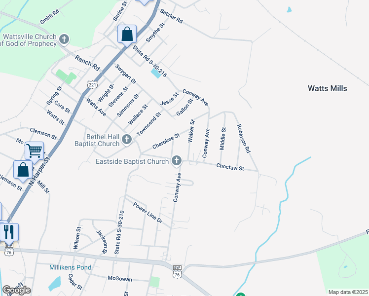 map of restaurants, bars, coffee shops, grocery stores, and more near 105 Walker Street in Laurens