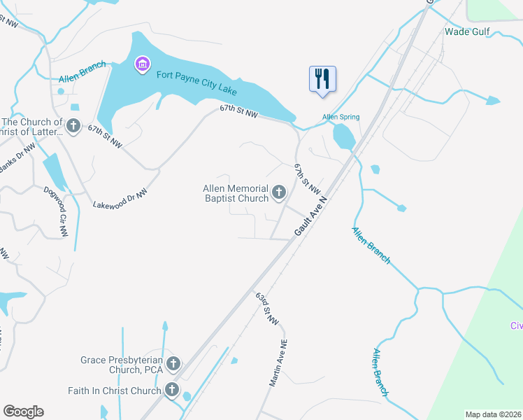 map of restaurants, bars, coffee shops, grocery stores, and more near 6514 Magnolia Street Northwest in Fort Payne