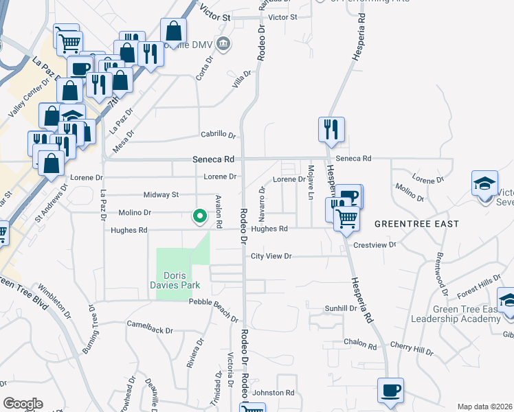 map of restaurants, bars, coffee shops, grocery stores, and more near 14355 Navarro Drive in Victorville