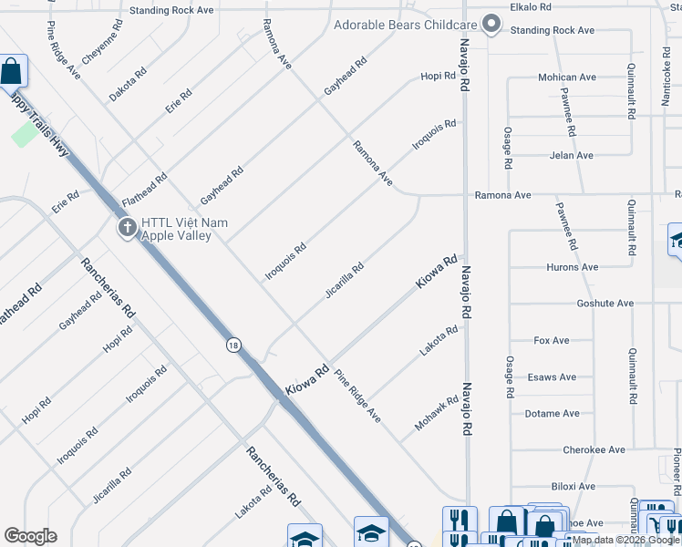 map of restaurants, bars, coffee shops, grocery stores, and more near 14320 Jicarilla Road in Apple Valley