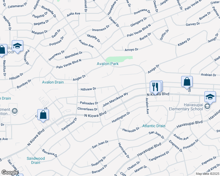 map of restaurants, bars, coffee shops, grocery stores, and more near 2510 Hillview Place in Lake Havasu City