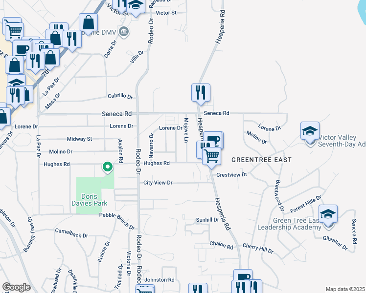 map of restaurants, bars, coffee shops, grocery stores, and more near 14368 Mojave Lane in Victorville