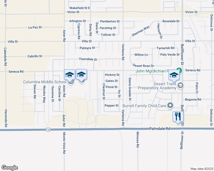 map of restaurants, bars, coffee shops, grocery stores, and more near 10790 Floral Street in Adelanto