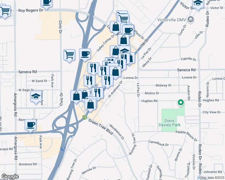 map of restaurants, bars, coffee shops, grocery stores, and more near 14368 Saint Andrews Drive in Victorville