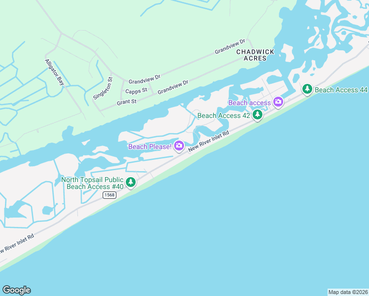 map of restaurants, bars, coffee shops, grocery stores, and more near 1405 New River Inlet Road in North Topsail Beach