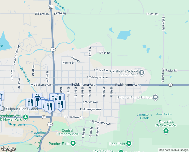 map of restaurants, bars, coffee shops, grocery stores, and more near 414 East Tahlequah Avenue in Sulphur