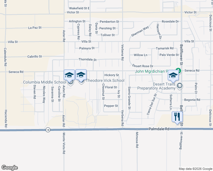map of restaurants, bars, coffee shops, grocery stores, and more near 10790 Floral Street in Adelanto