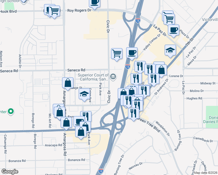 map of restaurants, bars, coffee shops, grocery stores, and more near West Sage Street in Victorville