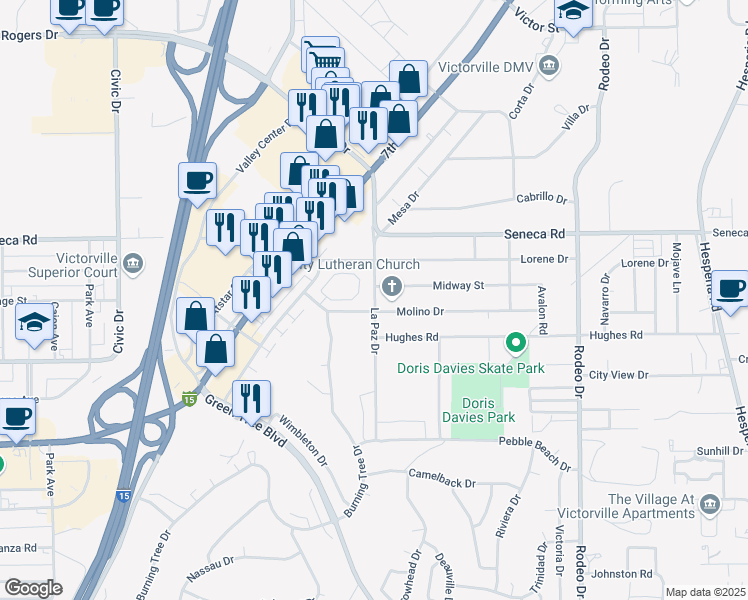 map of restaurants, bars, coffee shops, grocery stores, and more near in Victorville
