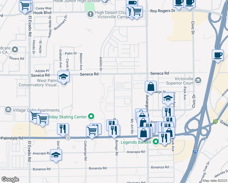 map of restaurants, bars, coffee shops, grocery stores, and more near 14376 Mcart Road in Victorville