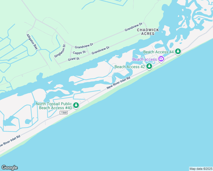 map of restaurants, bars, coffee shops, grocery stores, and more near 1405 New River Inlet Road in North Topsail Beach