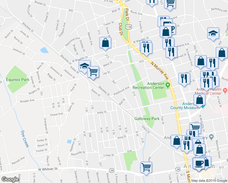 map of restaurants, bars, coffee shops, grocery stores, and more near 606 Piedmont Avenue in Anderson