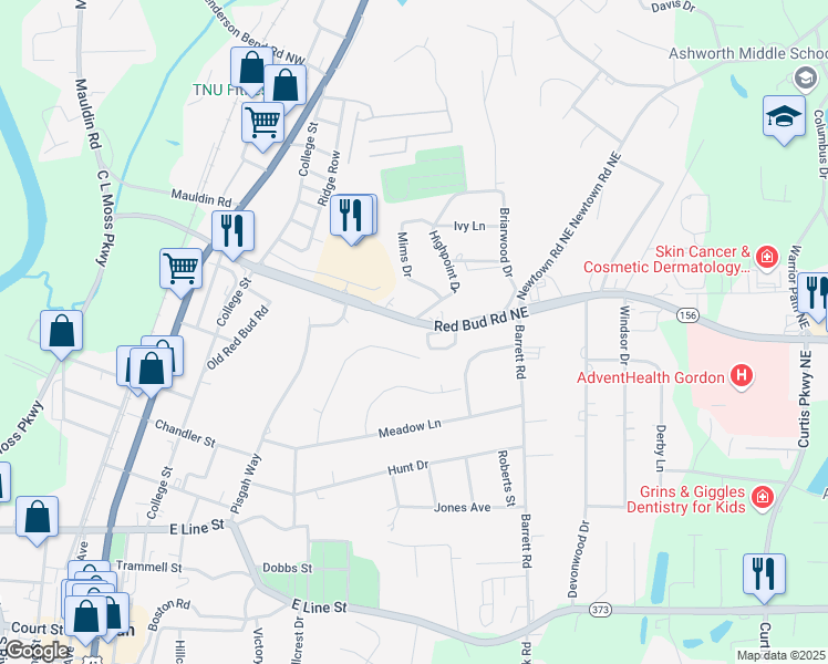 map of restaurants, bars, coffee shops, grocery stores, and more near 465 Red Bud Road Northeast in Calhoun