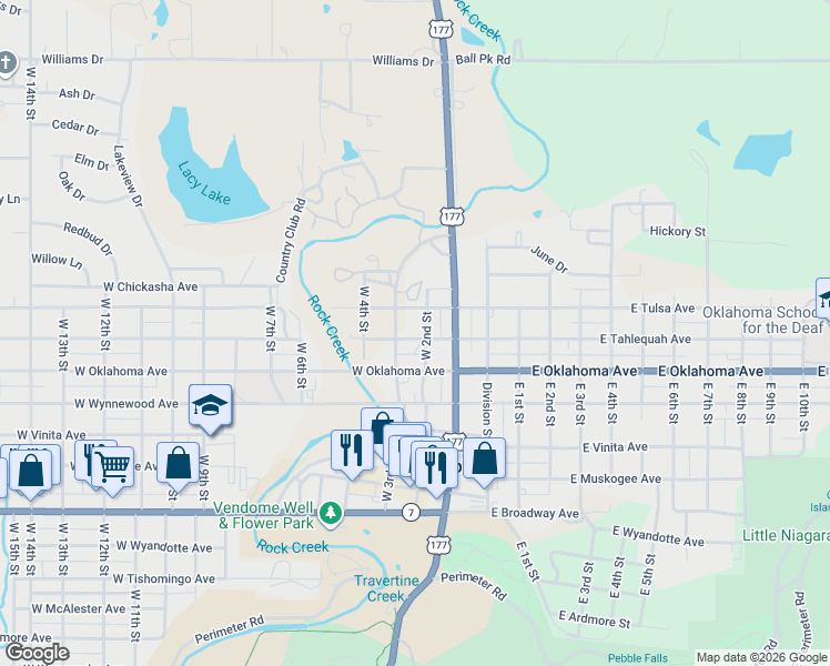 map of restaurants, bars, coffee shops, grocery stores, and more near 206 West Tahlequah Avenue in Sulphur