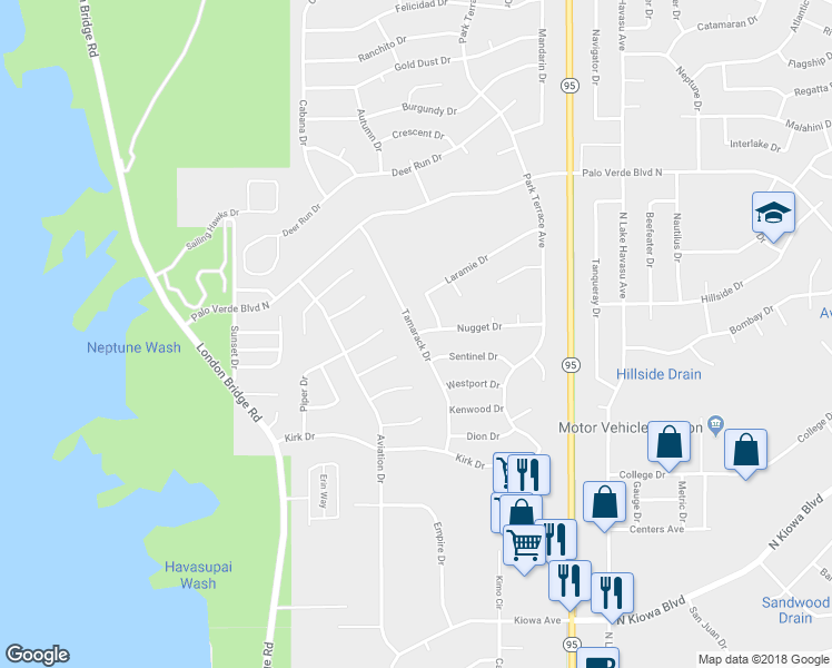 map of restaurants, bars, coffee shops, grocery stores, and more near 1371 Tamarack Drive in Lake Havasu City