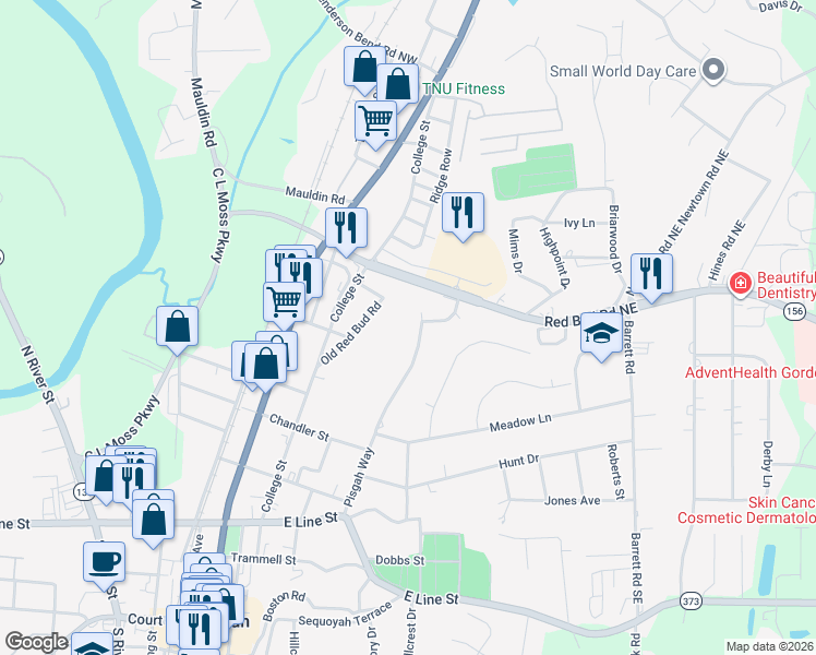map of restaurants, bars, coffee shops, grocery stores, and more near 624 Pisgah Way in Calhoun
